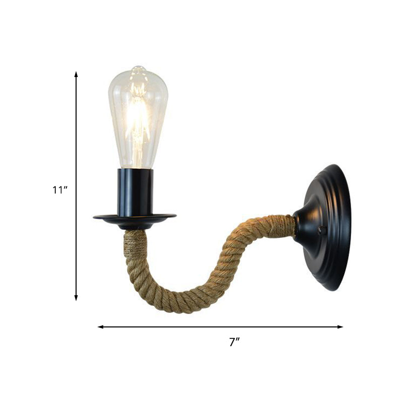 Traditional Bare Bulb Sconce Light Fixture 1-Light Metal Wall Mounted Light with Rope-Wrapped Arm in Black