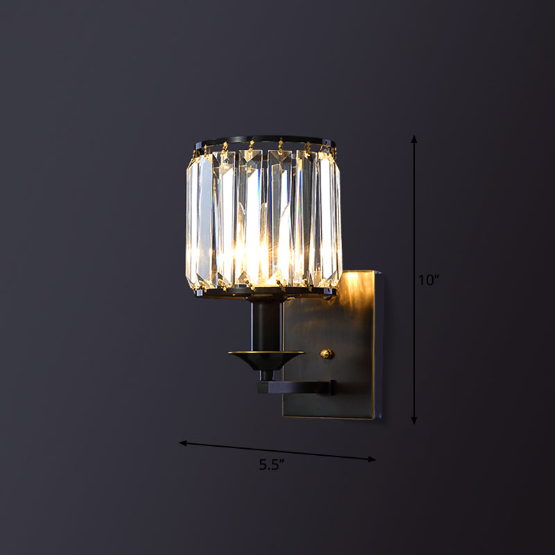 Simplicity Cylinder Wall Lamp Fixture 1-Bulb Prismatic Crystal Sconce Lighting in Black