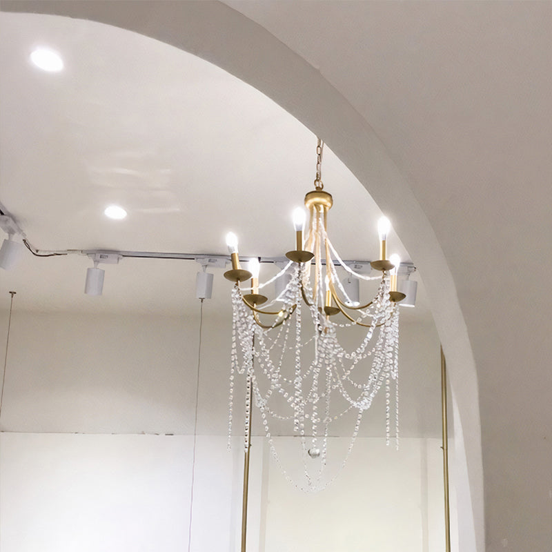 Candle Style Bedroom Chandelier Countryside Metal 6-Light Suspension Lighting with Crystal Deco