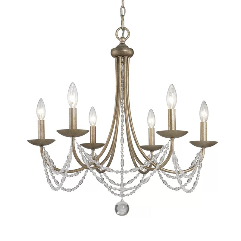 Candle Style Bedroom Chandelier Countryside Metal 6-Light Suspension Lighting with Crystal Deco