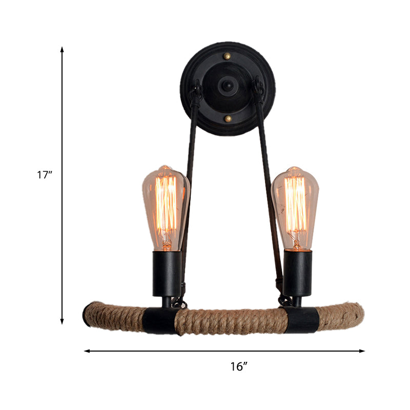 Expose Bulb Metal Wall Light Vintage 2-Light Porch Wall Sconce Lighting with Rope-Woven Arm in Black