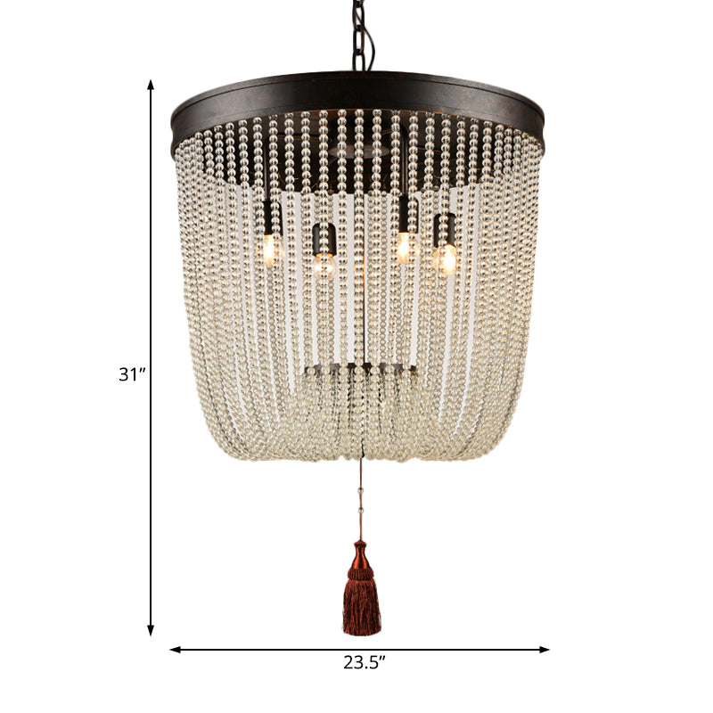 Tassel Crystal Hanging Chandelier Retro 4 Heads Black Ceiling Pendant Light for Restaurant