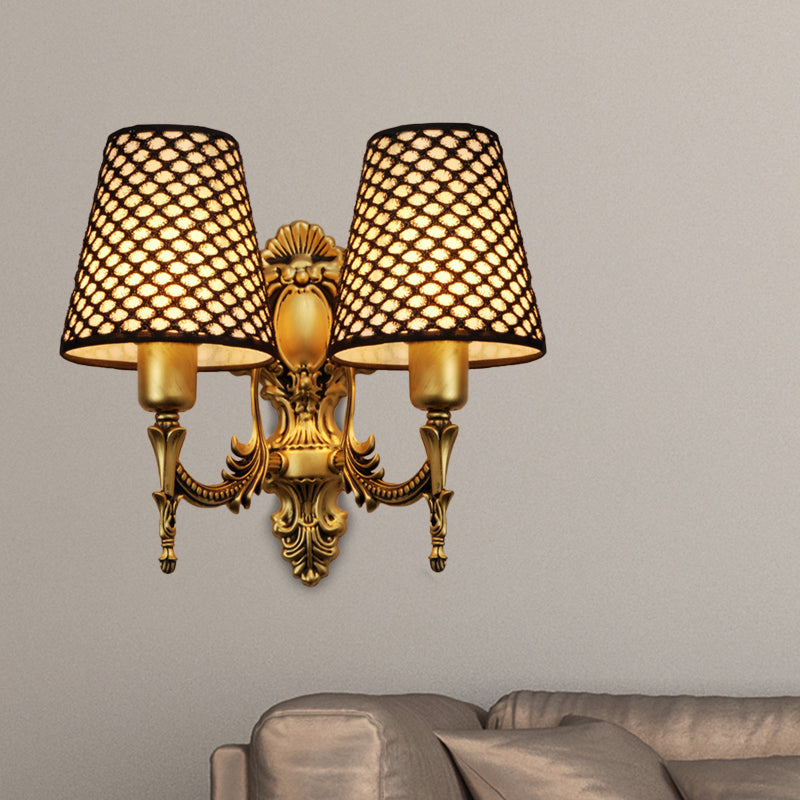 Gold Cone Wall Mount Light Traditional Metal 1/2-Light Living Room Carved Sconce Light with Lattice Fabric Shade