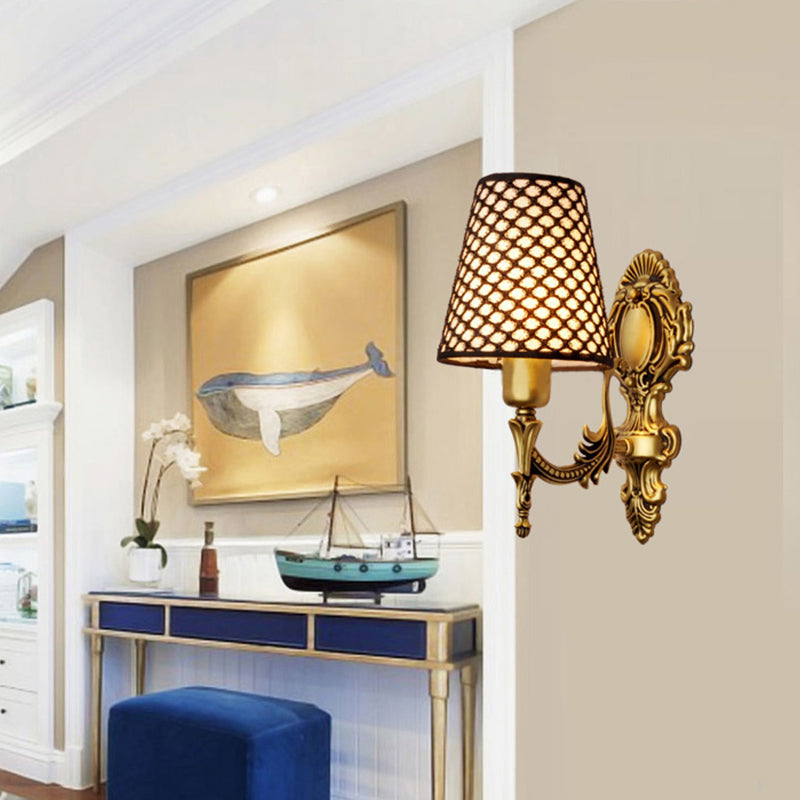 Gold Cone Wall Mount Light Traditional Metal 1/2-Light Living Room Carved Sconce Light with Lattice Fabric Shade