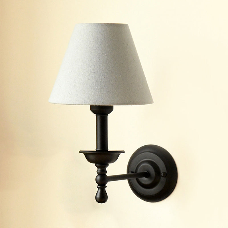 1 Light Metal Wall Light Traditional Gray-Blue/White Fabric Cone Shade Bedroom Sconce Light