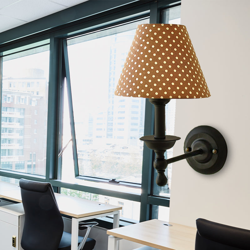 Modern Tapered Sconce Light Fixture 1-Light Metal Wall Mounted Light with Dot Fabric Shade in Coffee/Blue