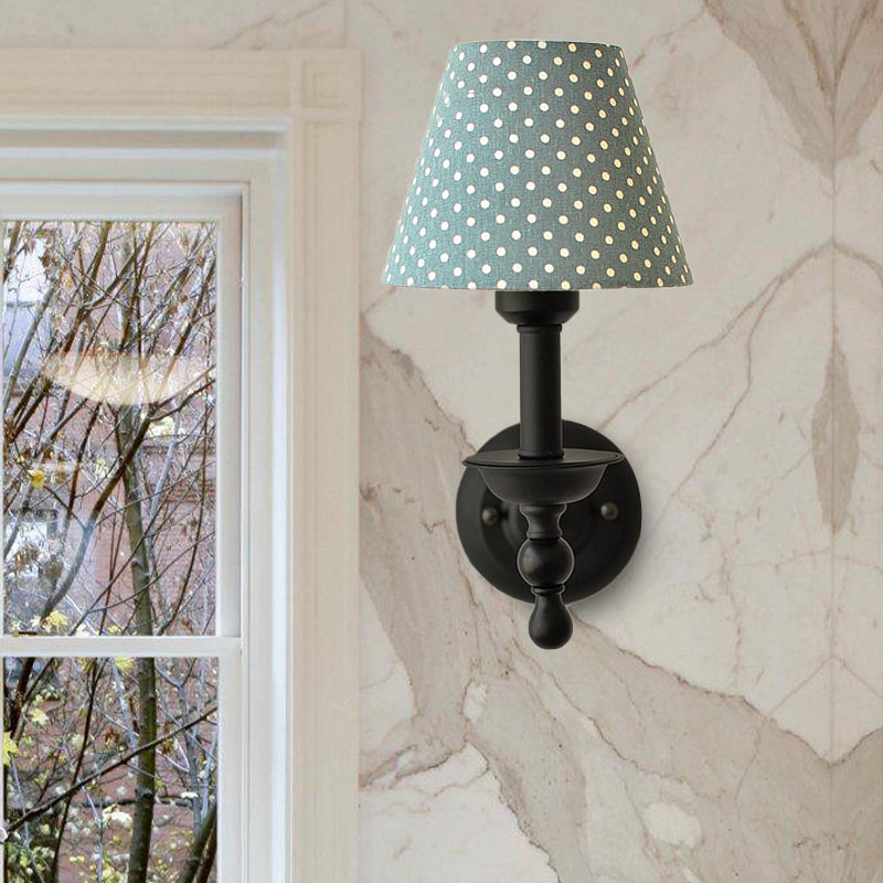 Modern Tapered Sconce Light Fixture 1-Light Metal Wall Mounted Light with Dot Fabric Shade in Coffee/Blue