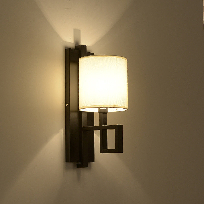Black/Bronze 1-Bulb Wall Light Fixture Vintage Fabric Cylinder Shade Wall Sconce for Hallway