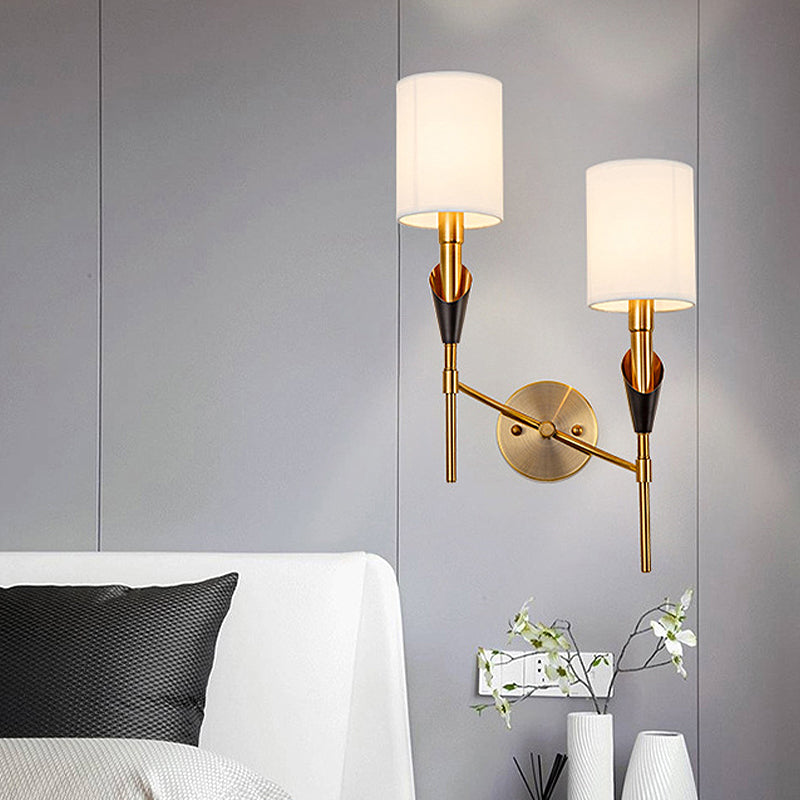 Cylinder Living Room Wall Sconce Light Traditional Metal 1/2-Light Gold Wall Lamp with Fabric Shade