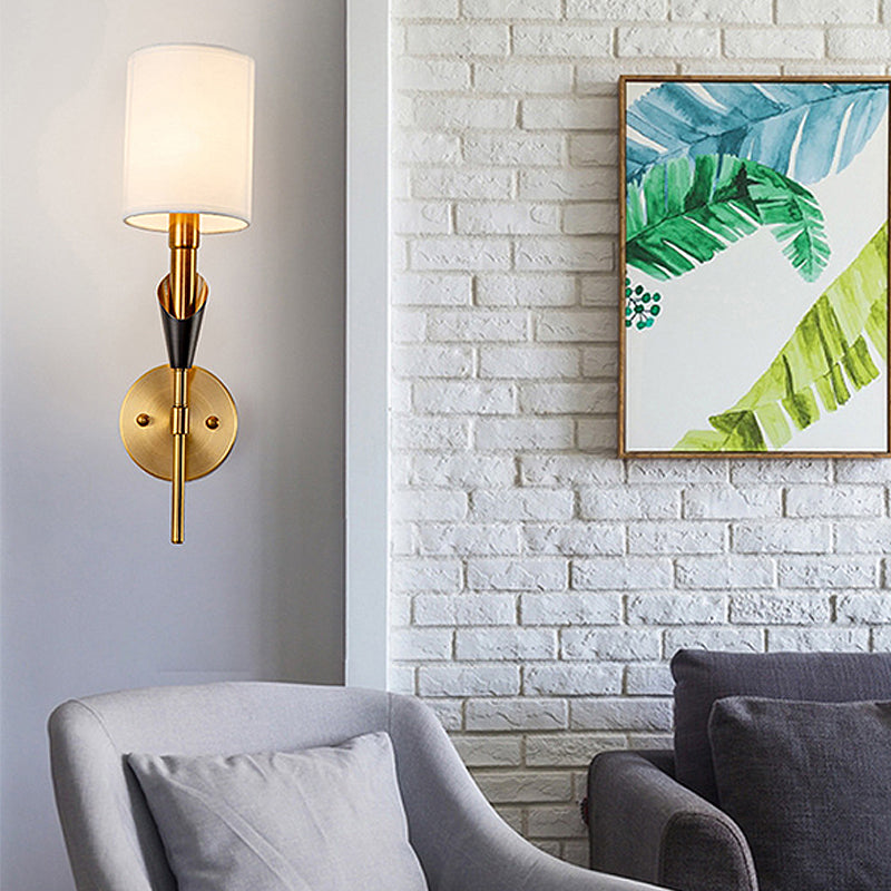 Cylinder Living Room Wall Sconce Light Traditional Metal 1/2-Light Gold Wall Lamp with Fabric Shade