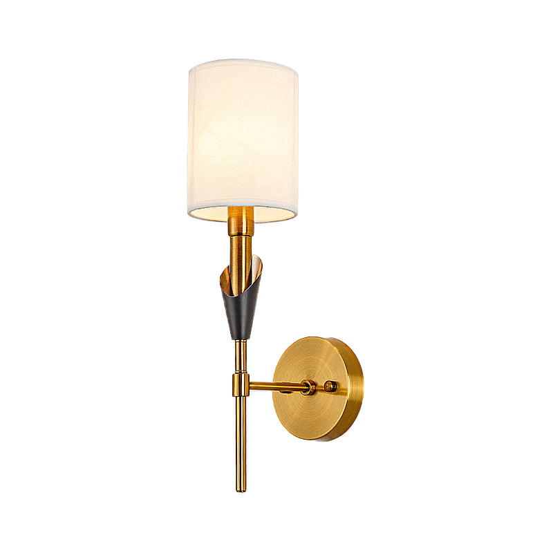 Cylinder Living Room Wall Sconce Light Traditional Metal 1/2-Light Gold Wall Lamp with Fabric Shade