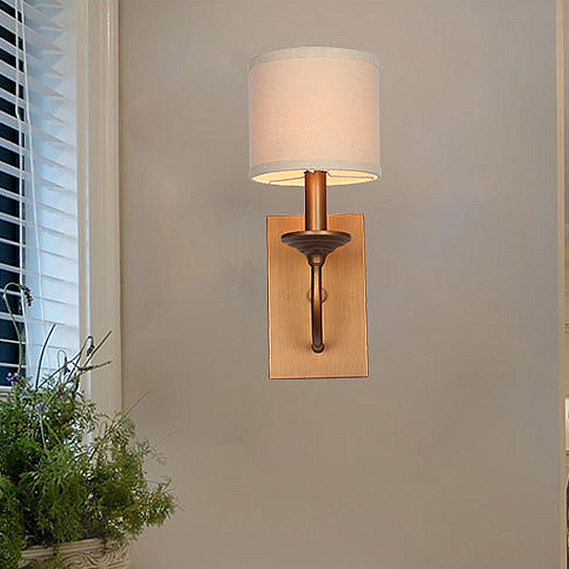 Fabric Shade Cylindrical Wall Lamp Vintage Style 1/2-Light Bedroom Wall Light Sconce in Flaxen