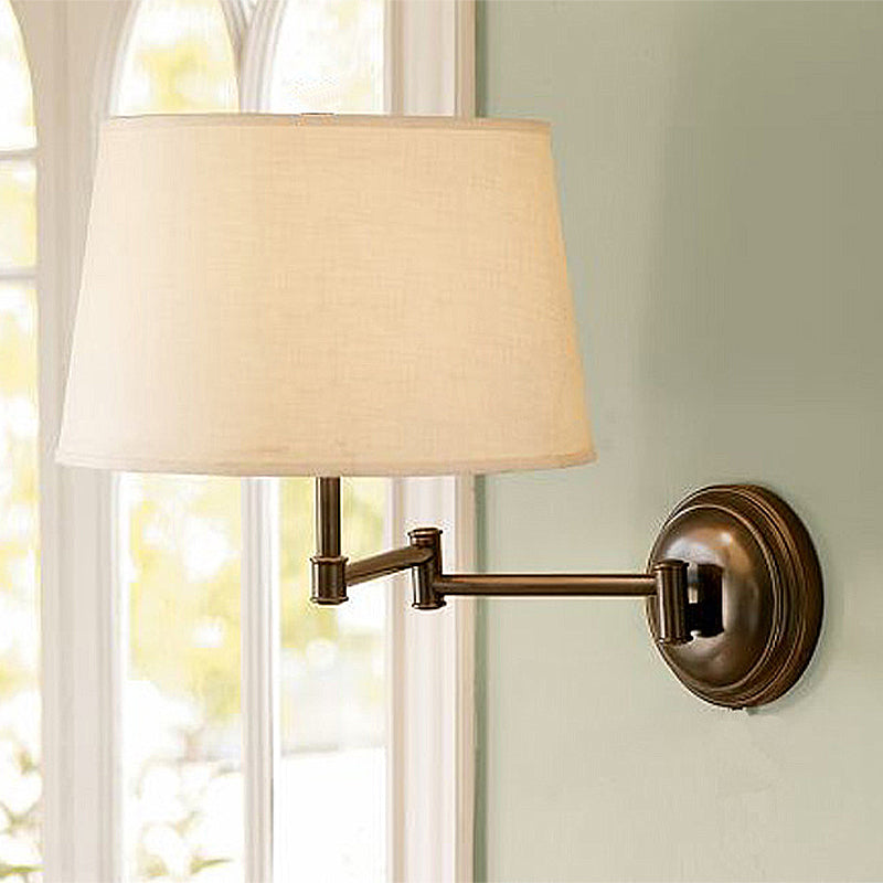 1 Light Drum Wall Lighting Retro White Fabric Wall Sconce Light with Adjustable Arm for Living Room