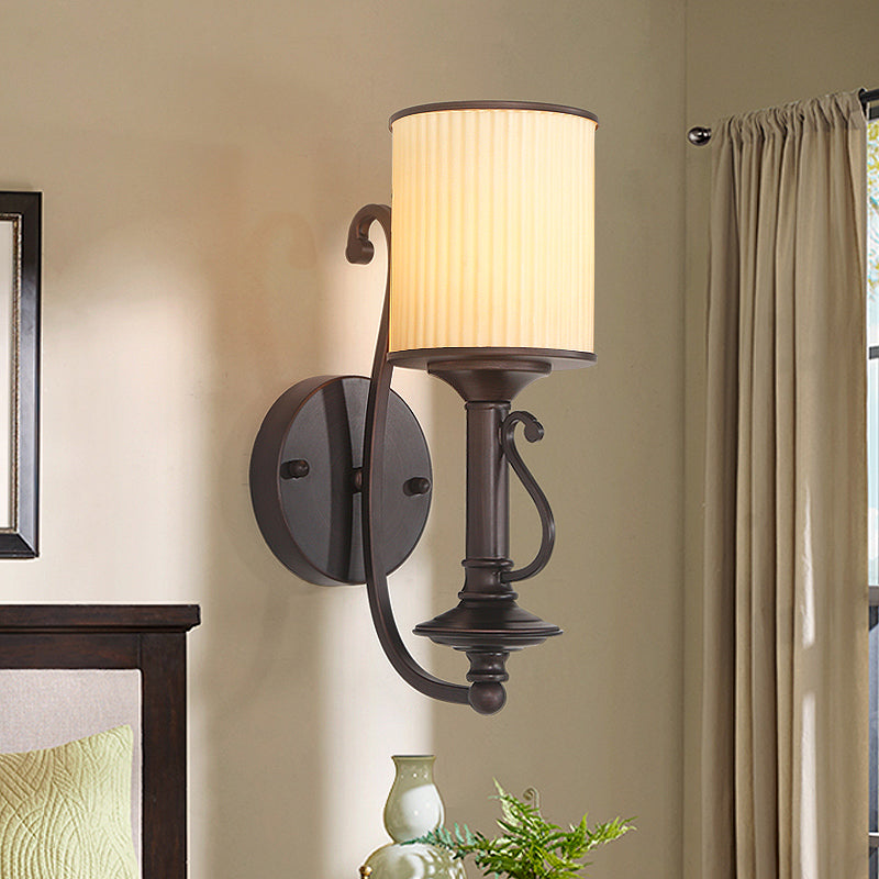 Black Cylinder Wall Lightture Retro Fabric Shade 1-Light Living Room Wall Lampe With Metal Curvy Bras