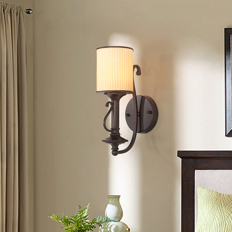 Black Cylinder Wall Lightture Retro Fabric Shade 1-Light Living Room Wall Lampe With Metal Curvy Bras