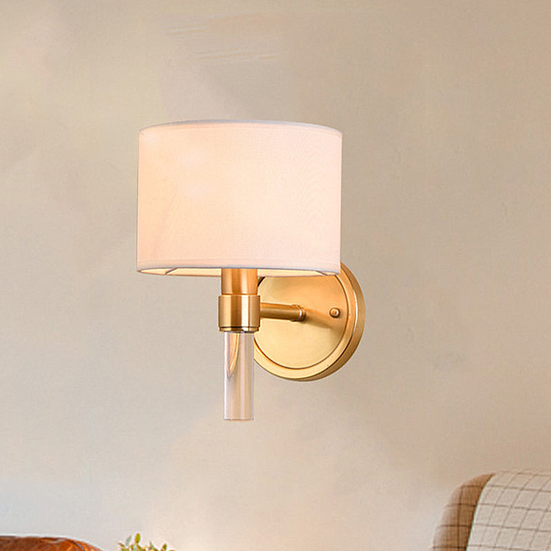 Metal Brass Wall Lamp Drum 1-Light Vintage Wall Light Sconce with White Fabric Shade for Study