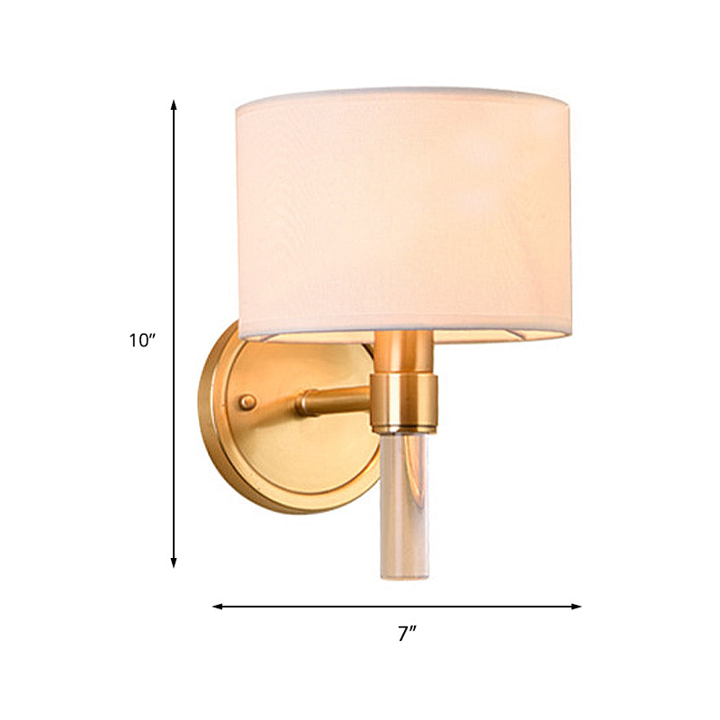 Metal Brass Wall Lamp Drum 1-Light Vintage Wall Light Sconce with White Fabric Shade for Study
