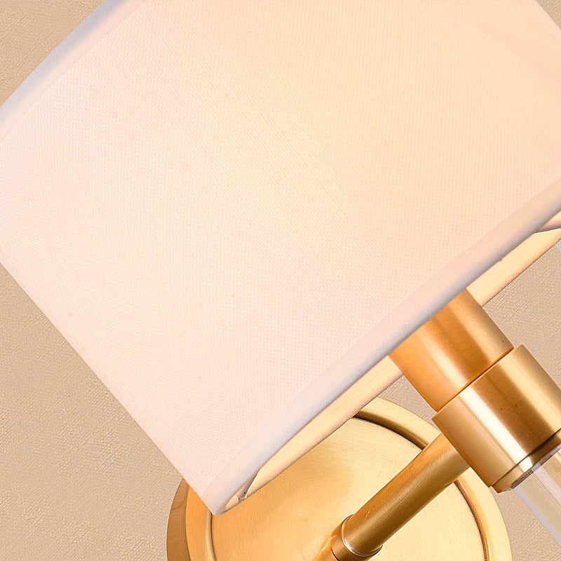 Metal Brass Wall Lamp Drum 1-Light Vintage Wall Light Sconce with White Fabric Shade for Study