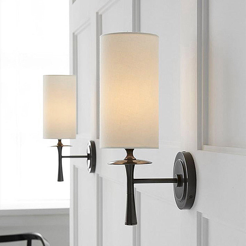 Black/Brass 1 Head Wall Mount Light Traditional Fabric Cylinder Shade Sconce Light for Living Room