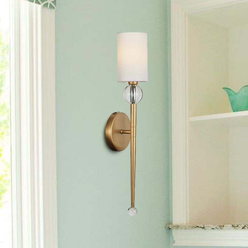 Fabric Cylindrical Wall Mount Light Modern 1 Bulb Living Room Sconce Light with Clear Crystal Accent in Gold