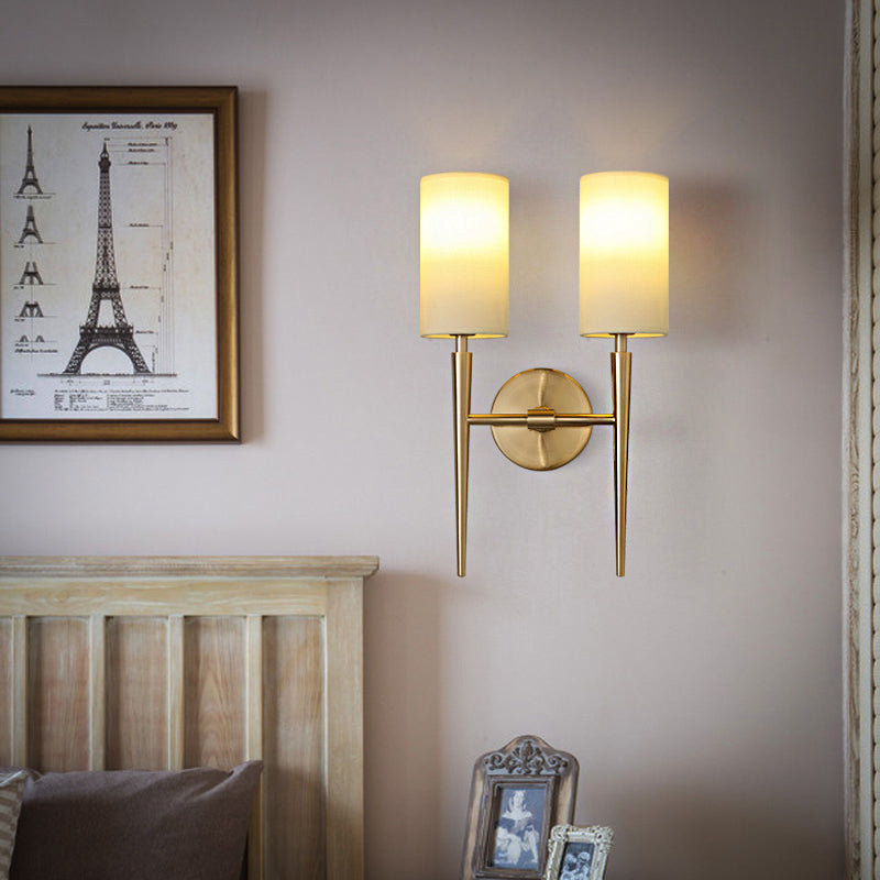 Metal Brass Wall Lamp Symmetric Cylinder 2-Light Modern Wall Mount Light Fixture with Fabric Shade for Bedroom