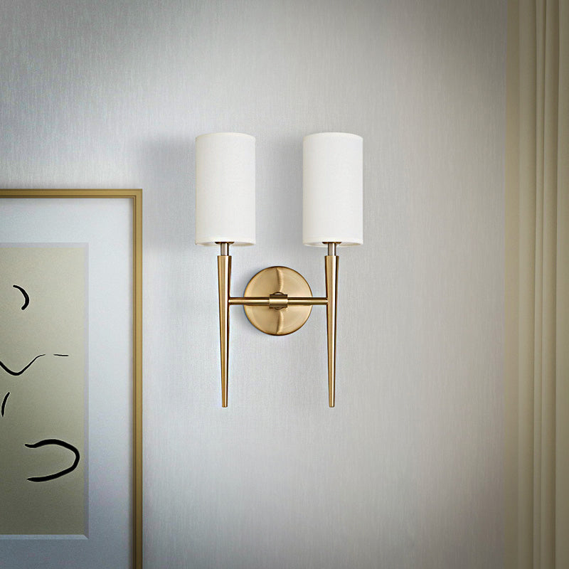 Metal Brass Wall Lamp Symmetric Cylinder 2-Light Modern Wall Mount Light Fixture with Fabric Shade for Bedroom