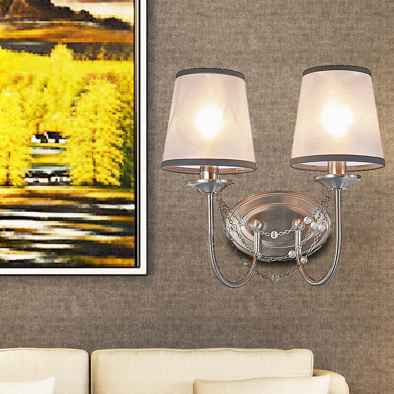 1/2-Head Wall Mount Lamp Retro Living Room Sconce Light with Tapered Fabric Shade in Silver