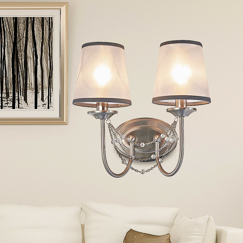 1/2-Head Wall Mount Lamp Retro Living Room Sconce Light with Tapered Fabric Shade in Silver