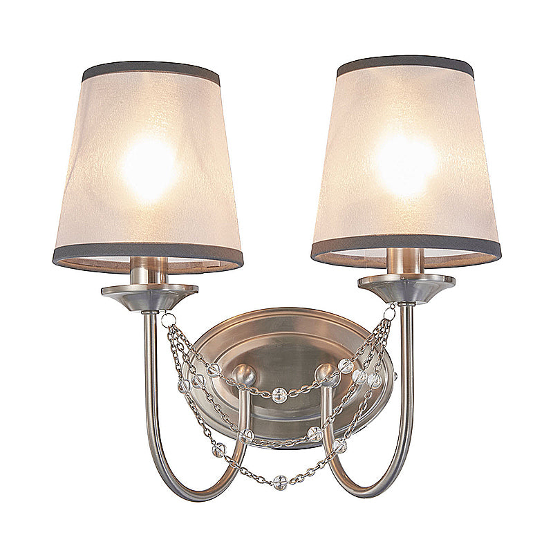 1/2-Head Wall Mount Lamp Retro Living Room Sconce Light with Tapered Fabric Shade in Silver