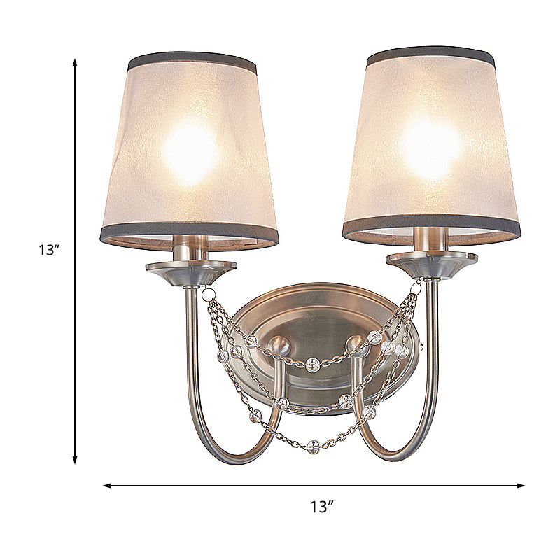 1/2-Head Wall Mount Lamp Retro Living Room Sconce Light with Tapered Fabric Shade in Silver