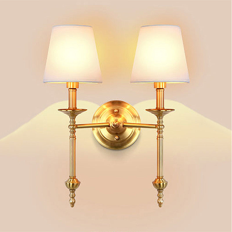 Brass Cone Wall Light Fixture Retro White Fabric Shade 1/2 Bulbs Dining Room Wall Sconce Lighting