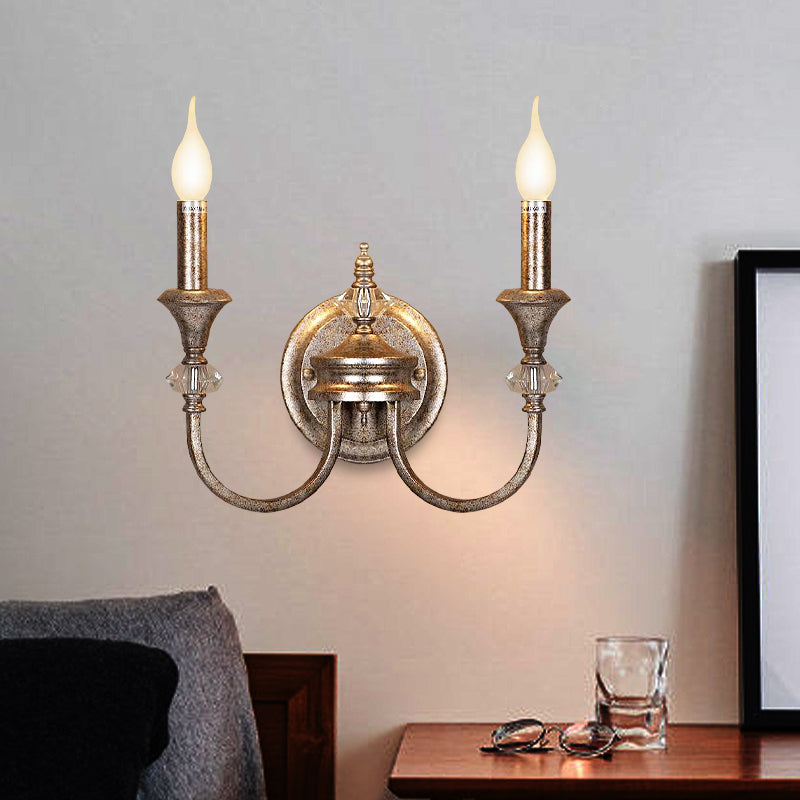 2 Heads Metal Wall Mount Lamp Retro Rust Bare Bulb/Tapered Bedroom Sconce Light Fixture with Shade/Shadeless