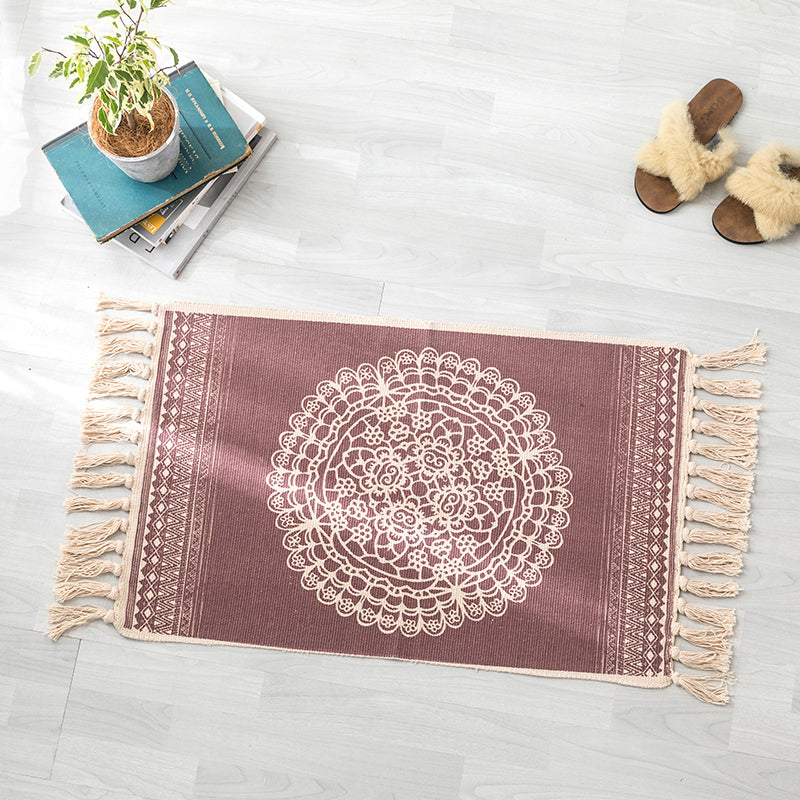 Bohemian Bedroom Rug Multi Color Geo Printed Area Rug Jute Pet Friendly Easy Care Stain-Resistant Carpet with Tassel