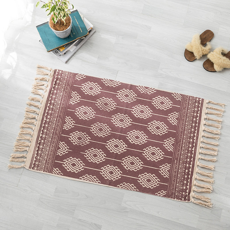 Bohemian Bedroom Rug Multi Color Geo Printed Area Rug Jute Pet Friendly Easy Care Stain-Resistant Carpet with Tassel