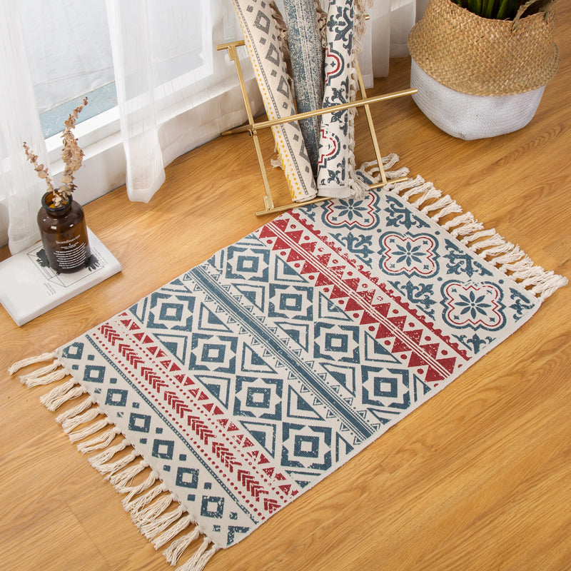 Bohemian Bedroom Rug Multi Color Geo Printed Area Rug Jute Pet Friendly Easy Care Stain-Resistant Carpet with Tassel