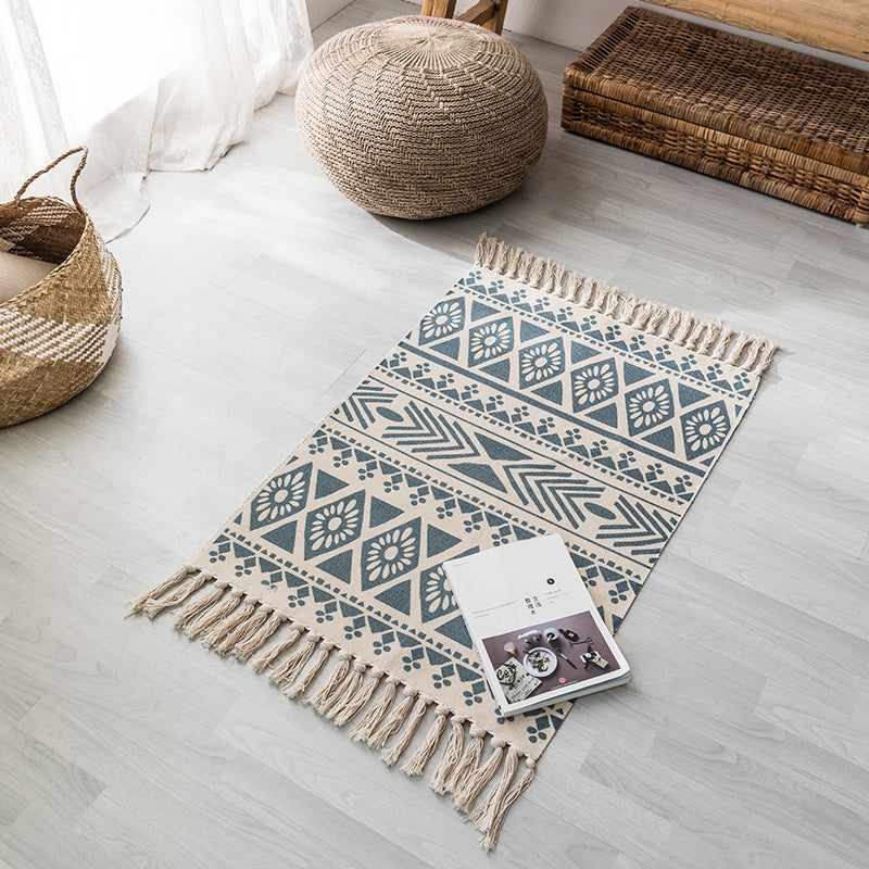 Bohemian Bedroom Rug Multi Color Geo Printed Area Rug Jute Pet Friendly Easy Care Stain-Resistant Carpet with Tassel