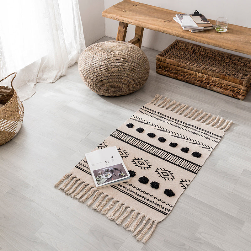Bohemian Bedroom Rug Multi Color Geo Printed Area Rug Jute Pet Friendly Easy Care Stain-Resistant Carpet with Tassel