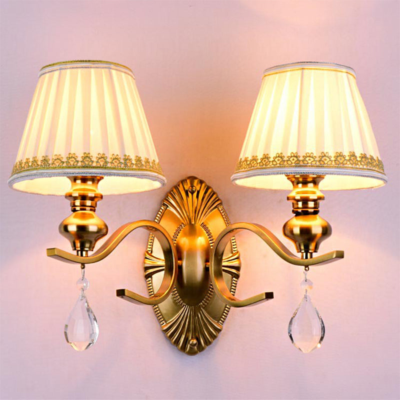 Fabric Gold Murce Garned Empire Shade 1/2-Light Vintage Wall Mount Lightture avec goutte à cristal transparent