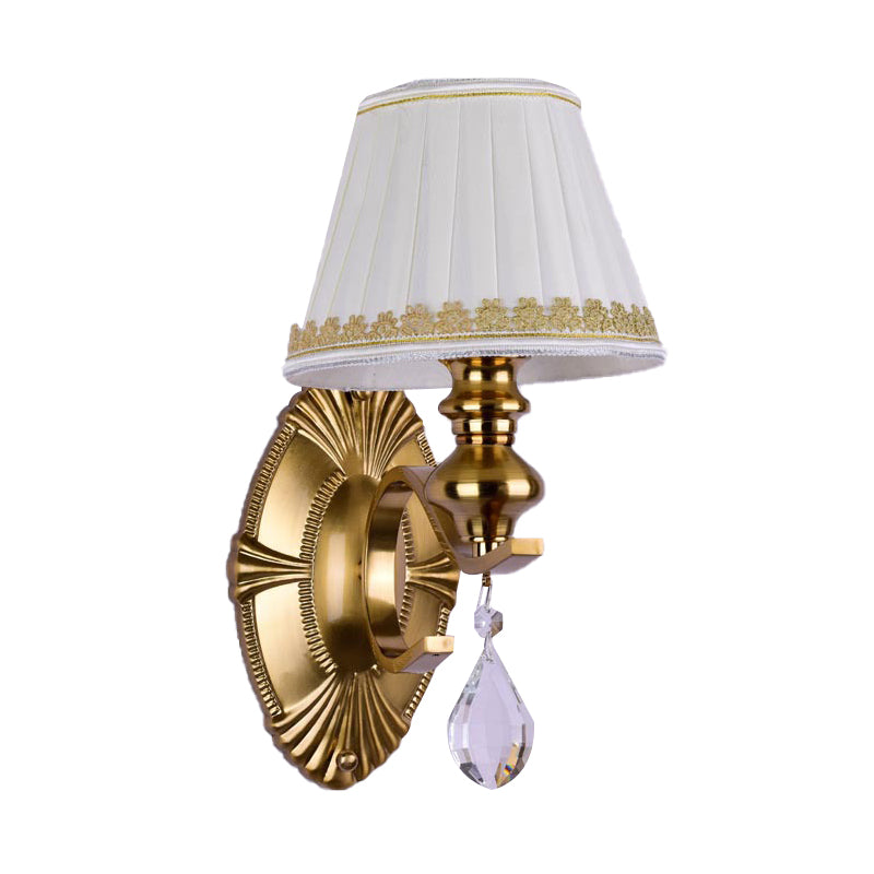 Fabric Gold Murce Garned Empire Shade 1/2-Light Vintage Wall Mount Lightture avec goutte à cristal transparent