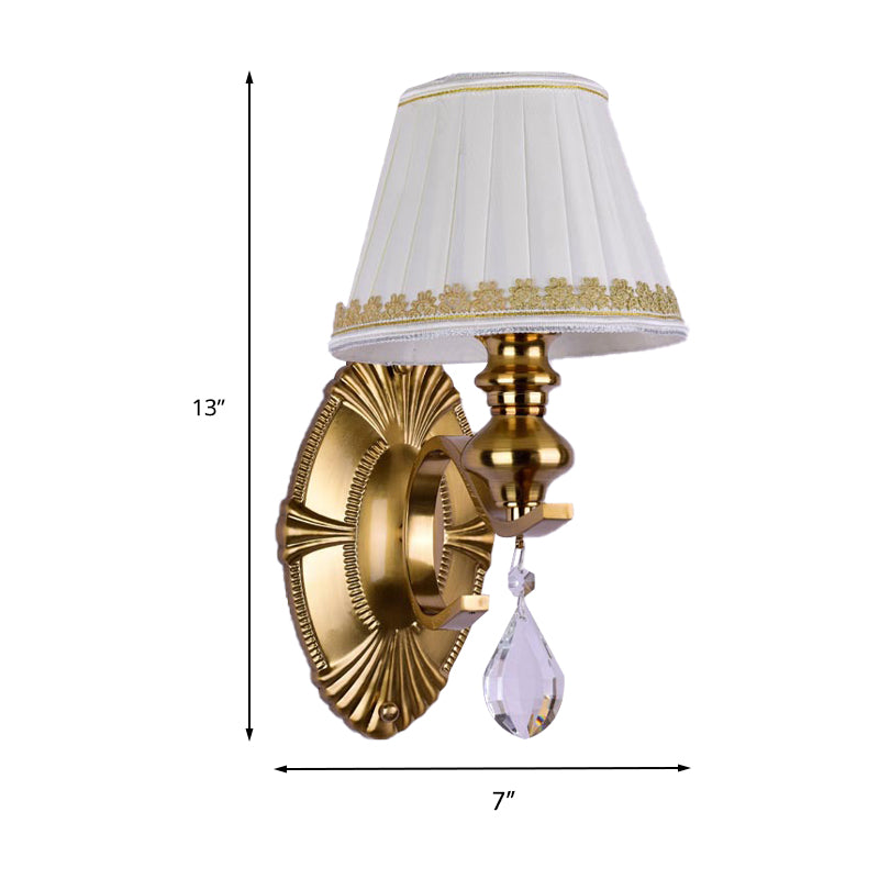 Fabric Gold Murce Garned Empire Shade 1/2-Light Vintage Wall Mount Lightture avec goutte à cristal transparent