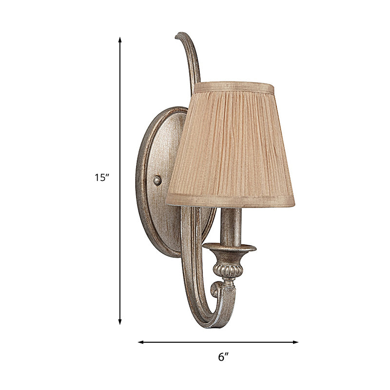 1-Head Pleated Shade Wall Sconce Traditional Tan Fabric Wall Mount Light for Living Room
