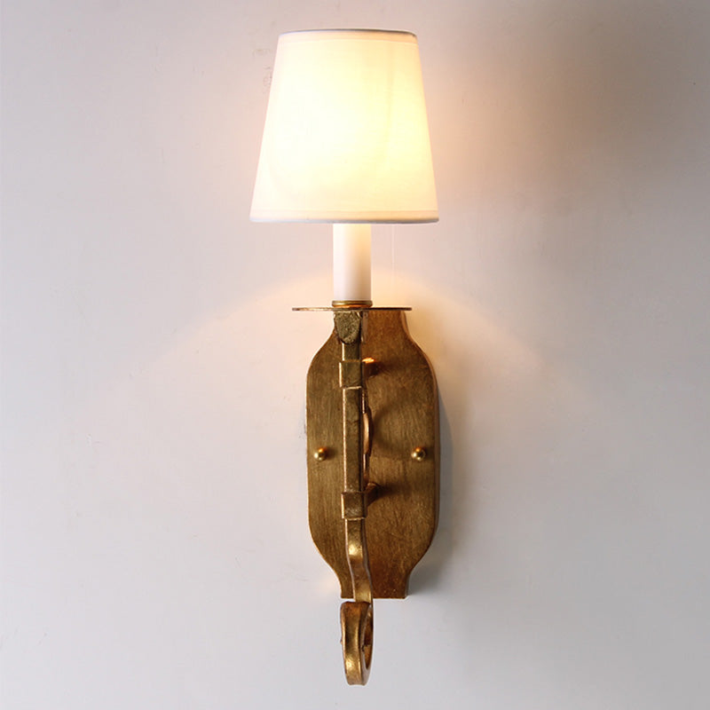1 Light Wall Lamp Lighting Country Cone Fabric Sconce Light Fixture in Brass with Metal Backplate