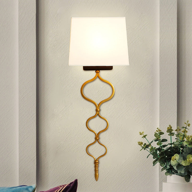 Flat Metal Sconce Lighting Rustic 1-Light Living Room Wall Mounted Lamp in White with Fabric Shade