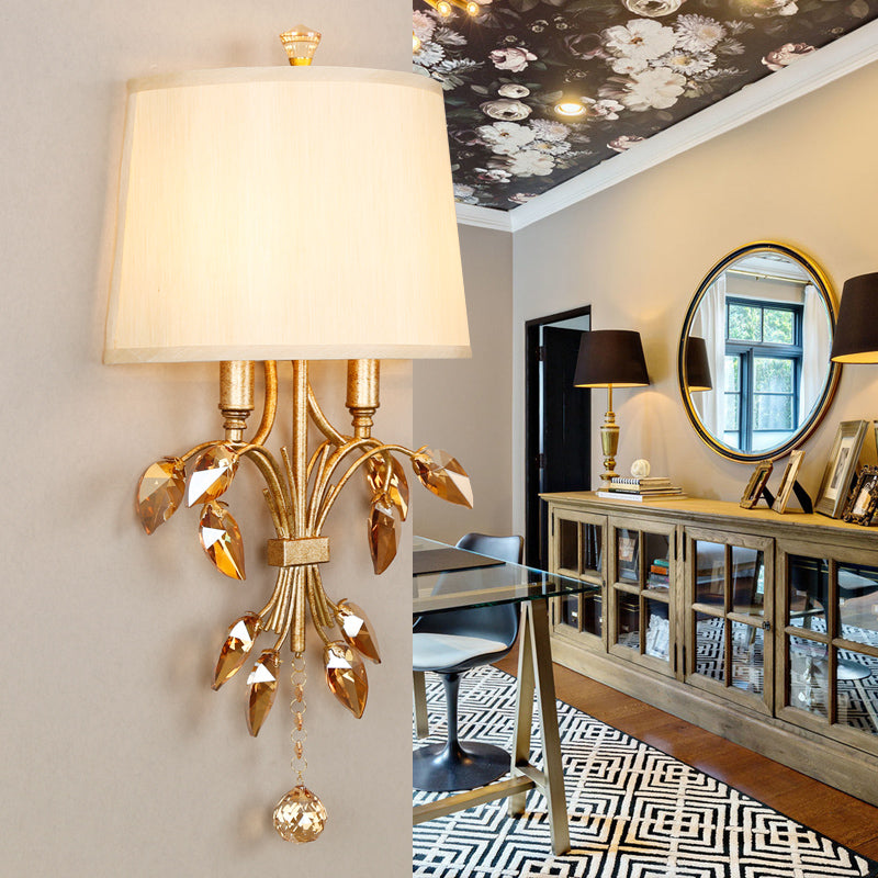 Metal Brass Sconce Lamp Branch 1-Light Vintage Wall Mounted Lighting for Bedroom with Trapezoid Fabric Shade