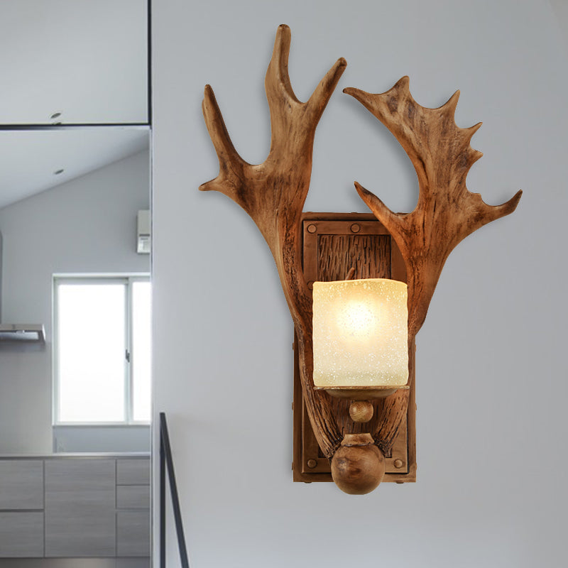 Resin Beige Sconce Light Fixture Elk 1-Light Rustic Wall Mounted Lighting for Dining Room with Wood Backplate