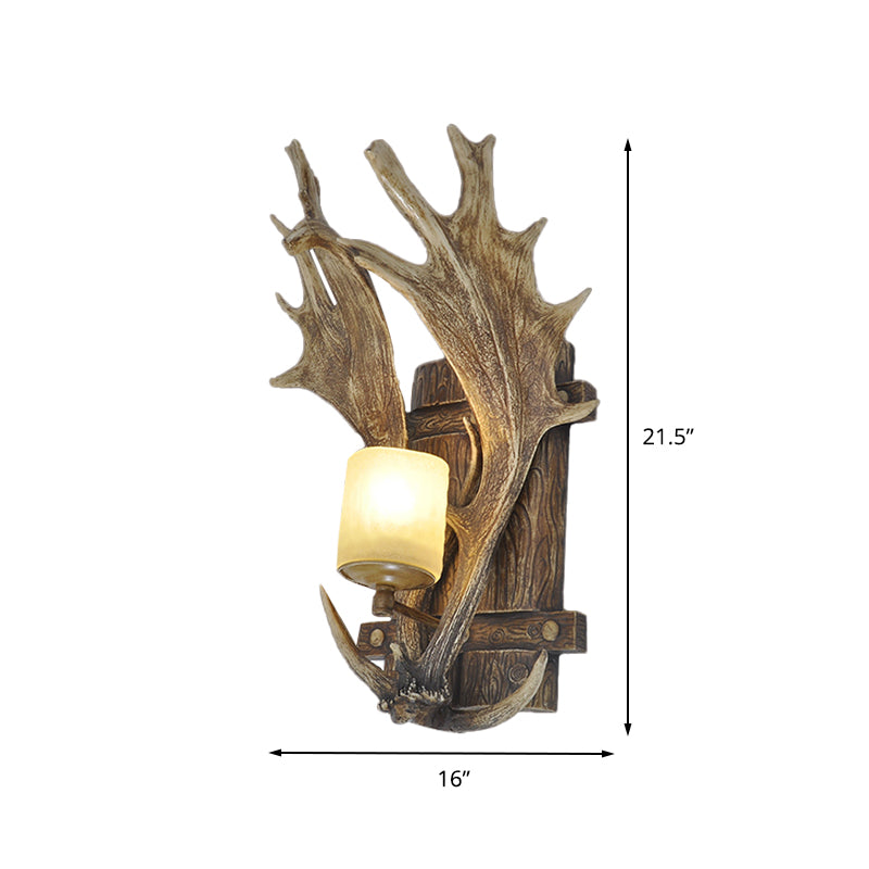 1 Light Resin Wall Lamp Rustic Wood Antler Dining Room Sconce Light Fixture with Frosted Glass Shade