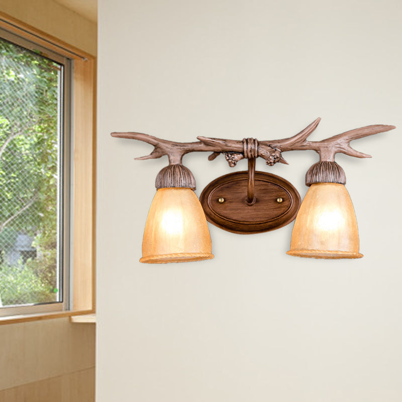 Dark Wood Cone Wall Lighting Rustic Resin and Glass 2-Light Corridor Sconce Lamp with Antler Deco