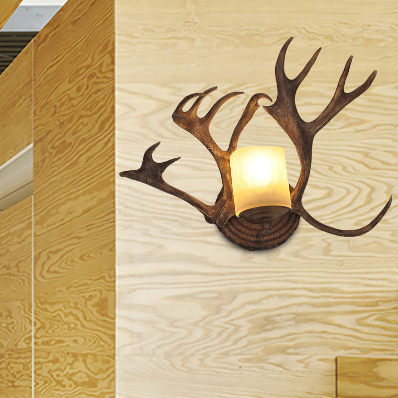 Lampe à applique de tambour rustique 1 résine de bulbe et mur en verre givré clair en bois pour salle de bain avec déco de bois