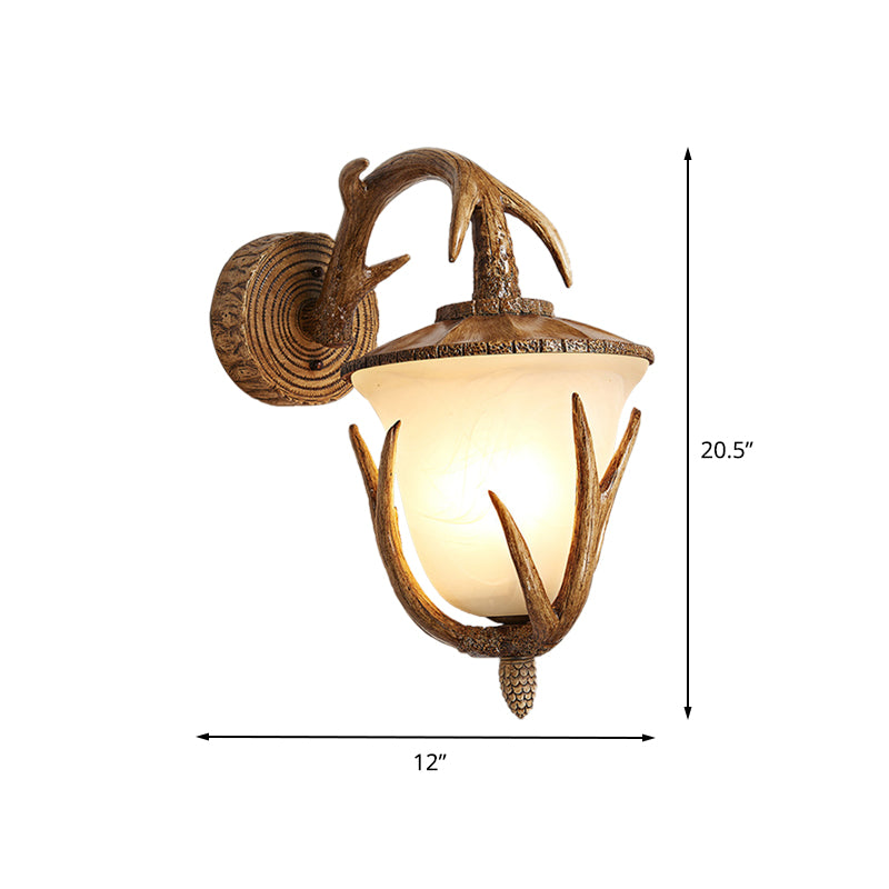 Country Pinecone Shade Sconce Light Fixture 1 Bulb Resin and Frosted Glass Wall Mount Lighting in Wood for Corridor