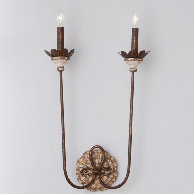 Rust Wall Lighting Country Style Metal 2-Light Dining Room Sconce Lamp with Flower Deco